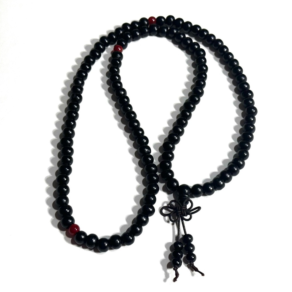 Black Sandalwood 8mm 108 Buddhist Prayer Beads Mala Red Accent 28 inch
